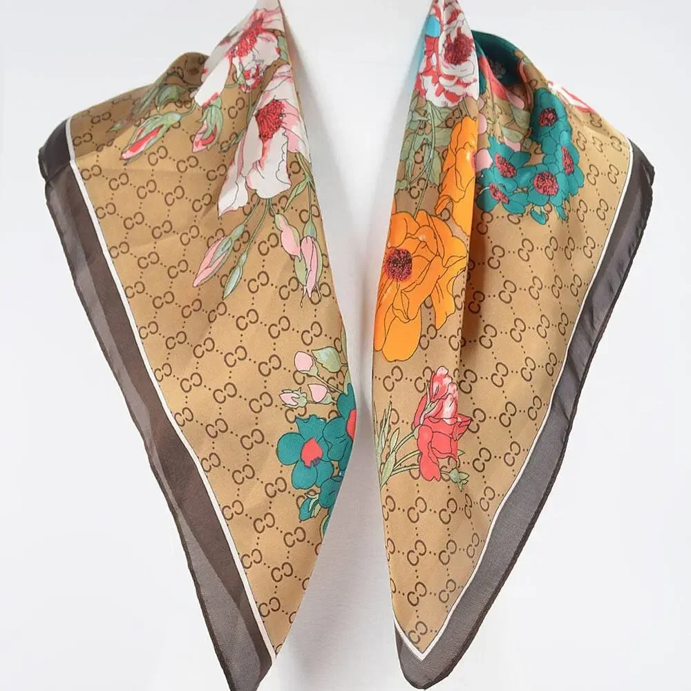 Multi Print Silk Bandana Scarf – Beige